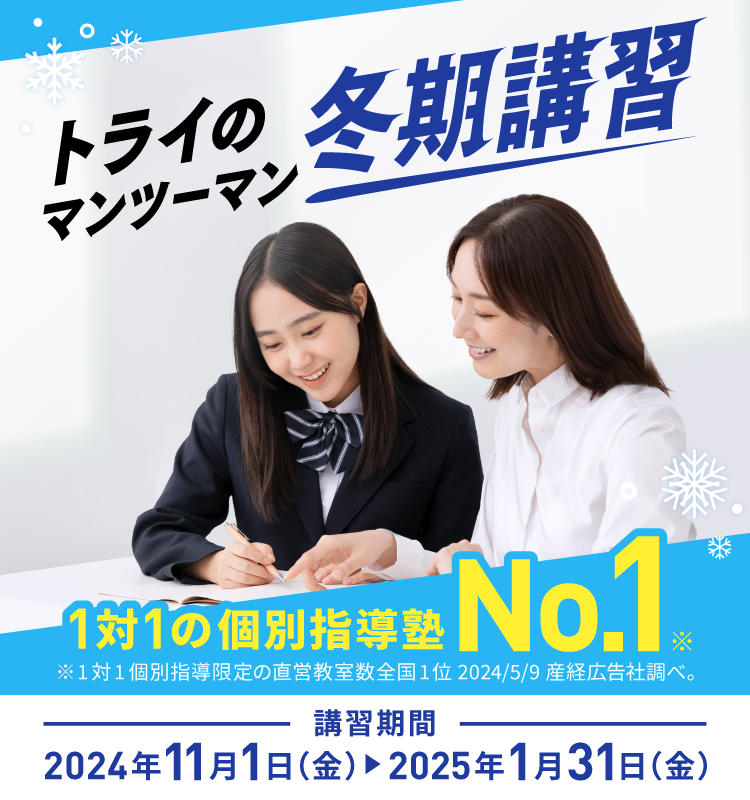 トライのマンツーマン冬期講習 1対1の個別指導塾No.1※ ※1対1個別指導限定の直営教室数全国1位 2024/5/9 産経広告社調べ。 講習期間2024年11月1日（金）〜2025年1月31日（金）