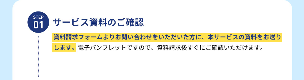 STEP 01 サービス資料のご確認 資料請求フォームよりお問い合わせをいただいた方に、本サービスの資料をお送りします。電子パンフレットですので、資料請求後すぐにご確認いただけます。