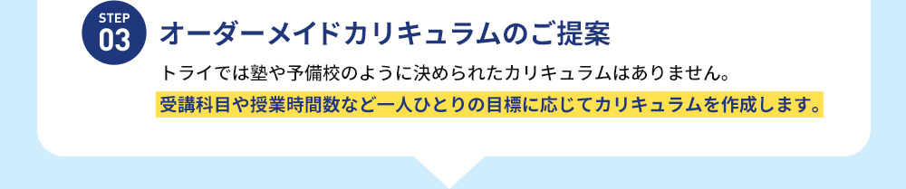 STEP 03 オーダーメイドカリキュラムのご提案 トライでは塾や予備校のように決められたカリキュラムはありません。 受講科目や授業時間数など一人ひとりの目標に応じてカリキュラムを作成します。